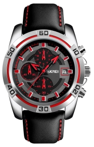 Tarcza zegarka Skmei 9156SIRD – czarno-stalowa, srebrno-czerwone indeksy.