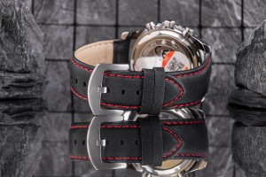 Pasek zegarka Skmei 9156SIRD – skóra naturalna, czarny z czerwoną nicią.