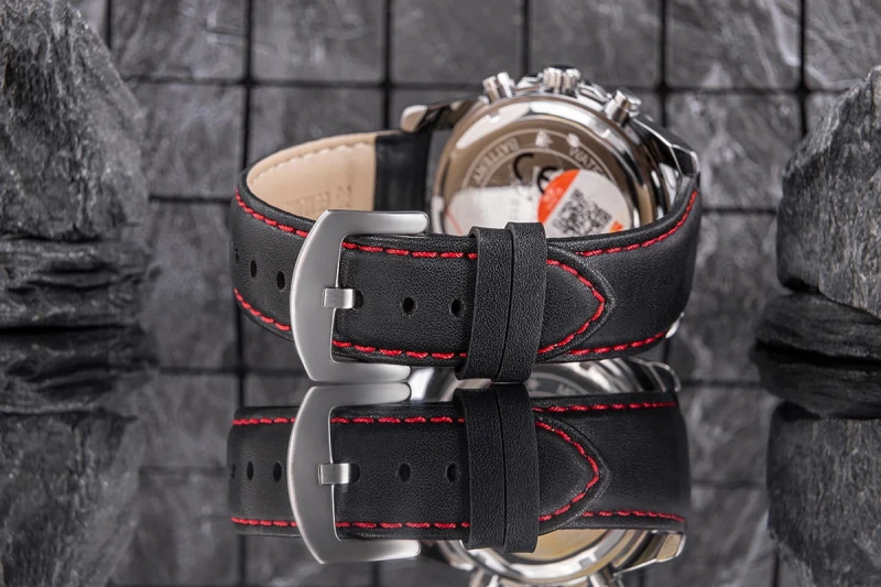 Pasek zegarka Skmei 9156SIRD – skóra naturalna, czarny z czerwoną nicią.