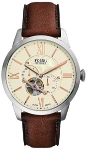 Męski zegarek Fossil Townsman ME3266 ze skórzanym brązowym paskiem i kremową tarczą.