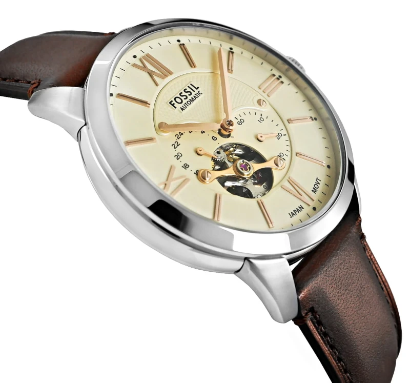 Fossil Townsman ME3266 – męski zegarek automatyczny ze skórzanym paskiem na nadgarstku.