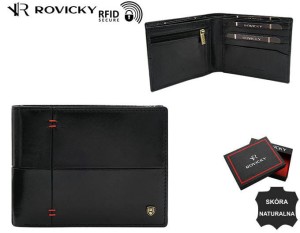 Poziomy portfel męski z czerwonym przeszyciem, skóra naturalna licowa - Rovicky