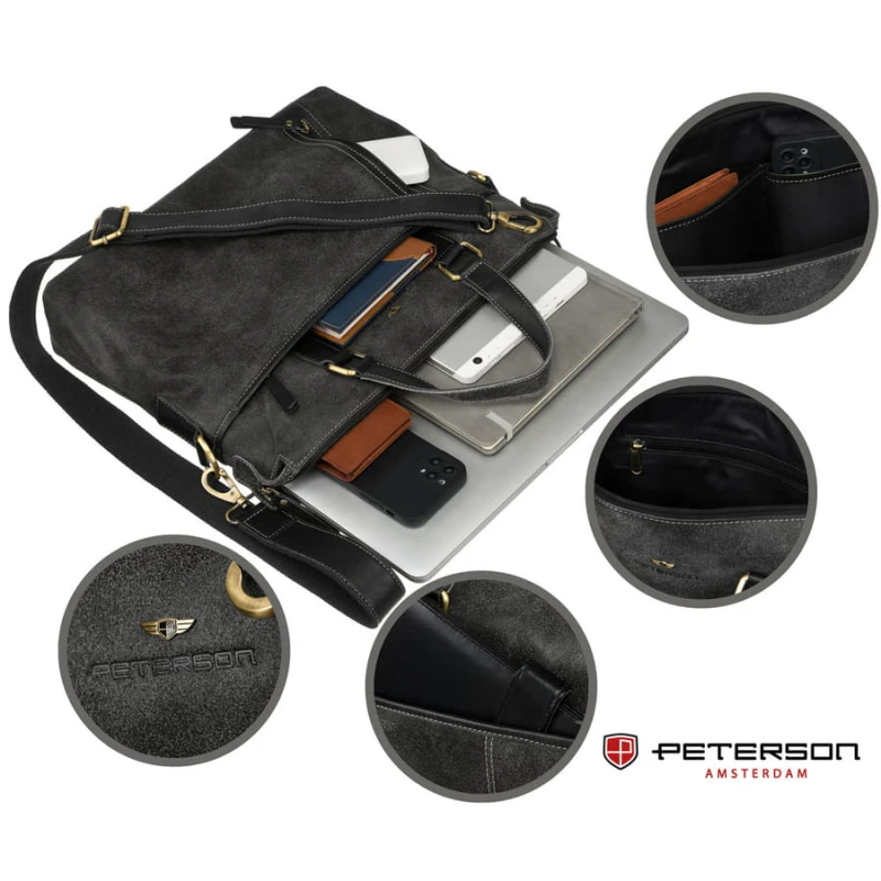 Czarna, skórzana torba męska na dokumenty z miejscem na laptopa - Peterson
