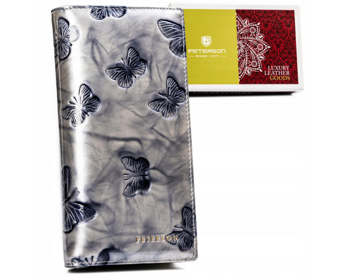 Portfel damski Peterson w kolorze srebrnym i niebieskim, wykonany z wysokiej jakości skóry naturalnej, z suwakiem i magnesem.