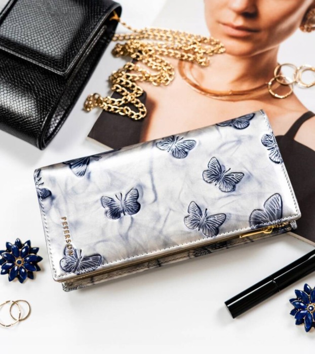 Portfel damski Peterson – srebrno-niebieski, skóra naturalna, RFID, suwakiem