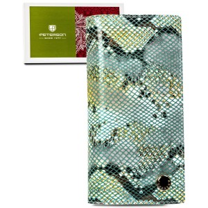 Portfel damski Peterson w jasnym zielonym kolorze z fakturą skóry krokodyla, wykonany ze skóry naturalnej, z zamkiem i magnetycznym zapięciem.