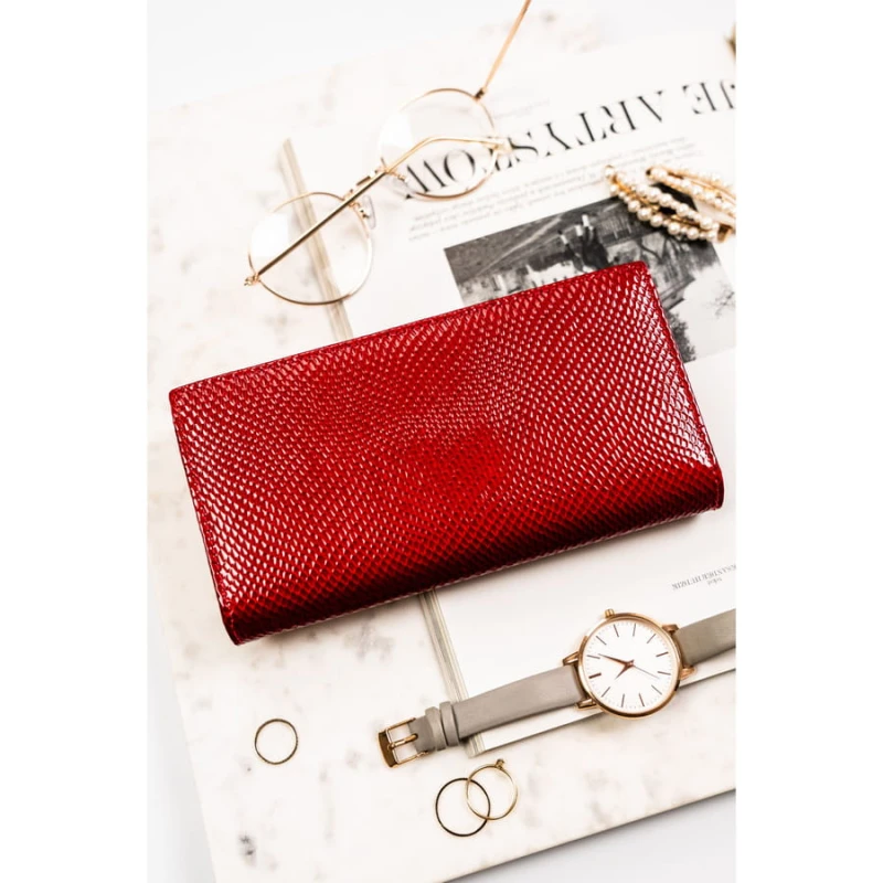 Skórzany, czerwony portfel damski na magnes i zamek z systemem RFID - Peterson