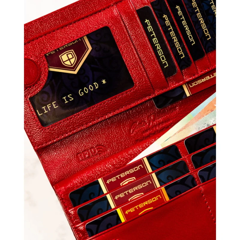 Skórzany, czerwony portfel damski na magnes i zamek z systemem RFID - Peterson