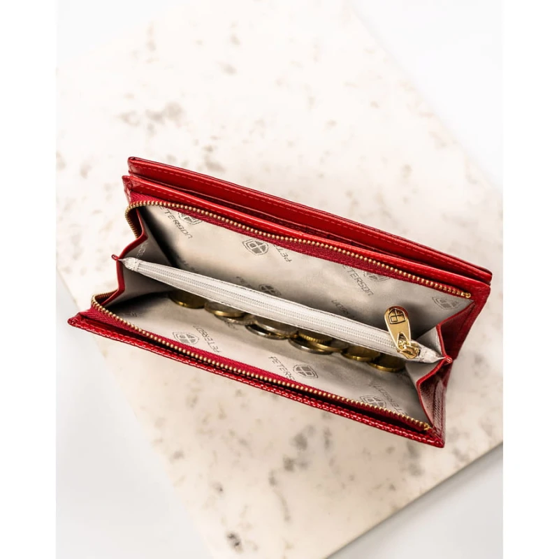 Skórzany, czerwony portfel damski na magnes i zamek z systemem RFID - Peterson