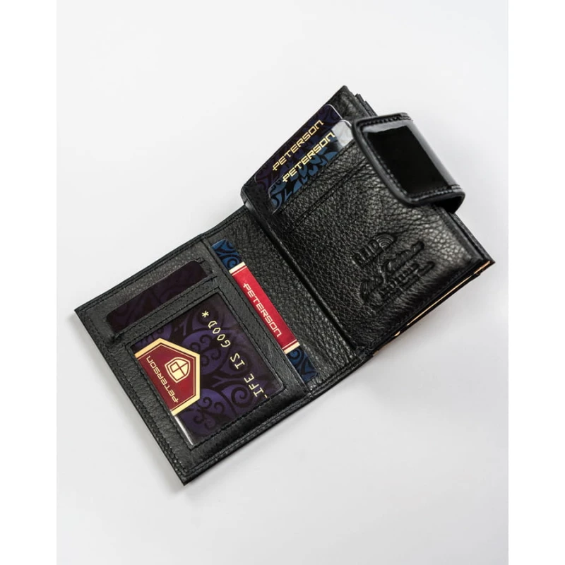 Mały portfel damski wykonany ze skóry naturalnej w czarno-złotym kolorze wyposażony w system RFID - Peterson