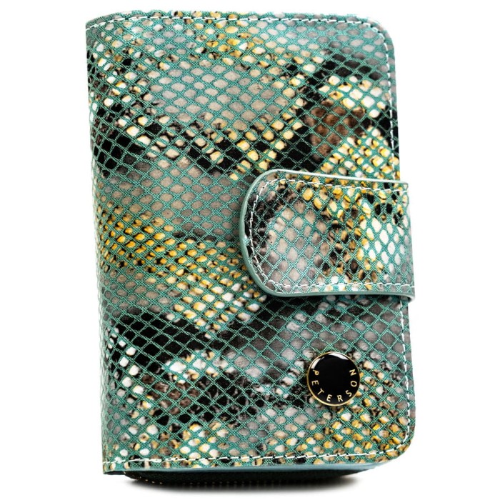 Średni portfel damski ze skóry naturalnej wyposażony w orientacji pionowej zamykany zatrzaskiem, biglem i suwakiem - Peterson