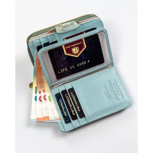 Średni portfel damski ze skóry naturalnej wyposażony w orientacji pionowej zamykany zatrzaskiem, biglem i suwakiem - Peterson