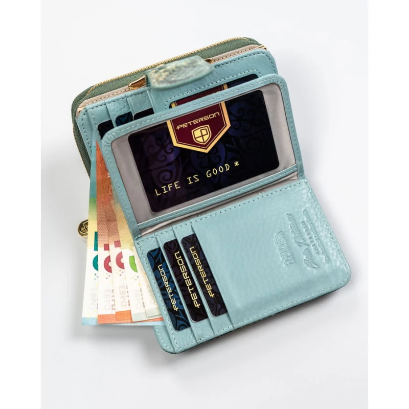 Średni portfel damski ze skóry naturalnej wyposażony w orientacji pionowej zamykany zatrzaskiem, biglem i suwakiem - Peterson