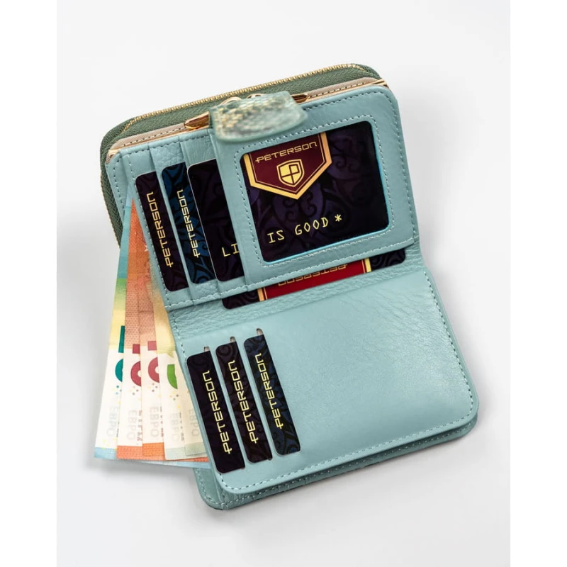 Średni portfel damski ze skóry naturalnej wyposażony w orientacji pionowej zamykany zatrzaskiem, biglem i suwakiem - Peterson