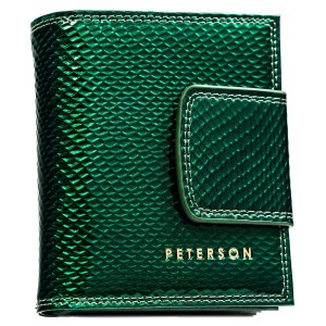 Portfel damski wykonany ze skóry naturalnej w zielonym kolorze zamykany zatrzaskiem i biglem - Peterson