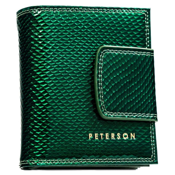 Portfel damski wykonany ze skóry naturalnej w zielonym kolorze zamykany zatrzaskiem i biglem - Peterson