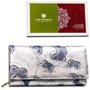 Pojemny portfel damski ze skóry naturalnej w srebrnym kolorze zamykany na zatrzask - Peterson