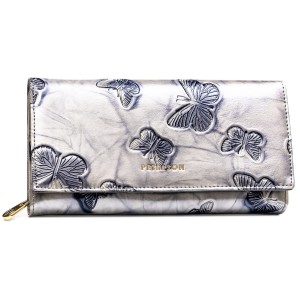 Pojemny portfel damski ze skóry naturalnej w srebrnym kolorze zamykany na zatrzask - Peterson