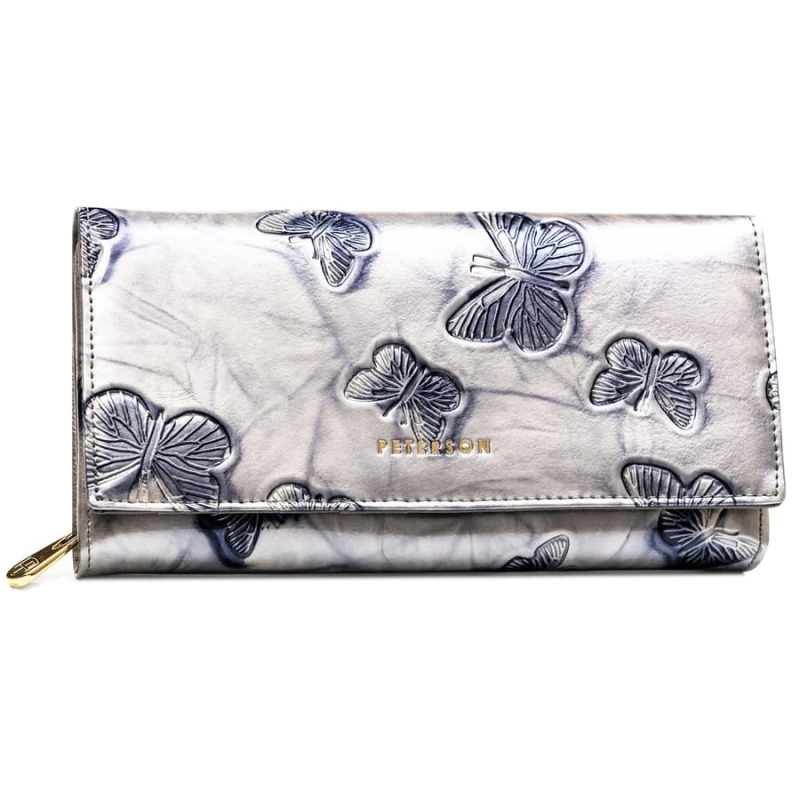 Pojemny portfel damski ze skóry naturalnej w srebrnym kolorze zamykany na zatrzask - Peterson