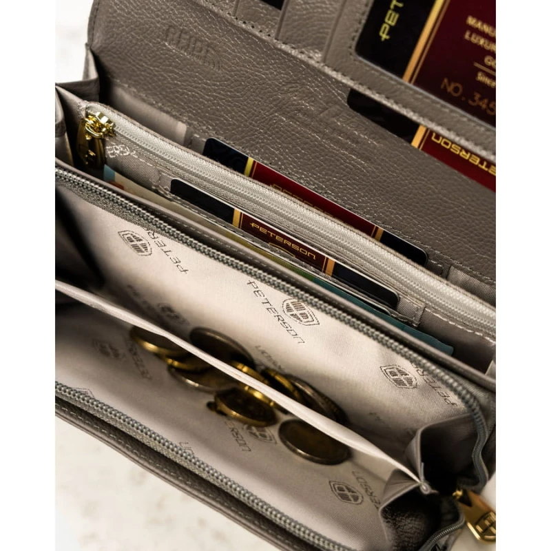 Pojemny portfel damski ze skóry naturalnej w srebrnym kolorze zamykany na zatrzask - Peterson