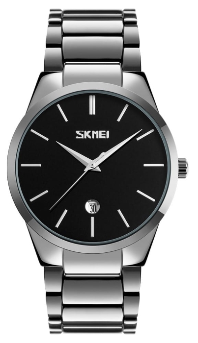 Zbliżenie na czarną tarczę zegarka Skmei 9140SIBK z srebrnymi indeksami.