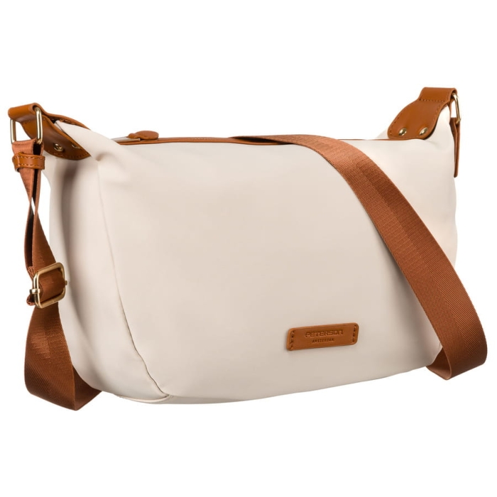 Nylonowa listonoszka damska Peterson w brązowo-beżowym kolorze – widok z przodu, prezentujący elegancki i minimalistyczny design.