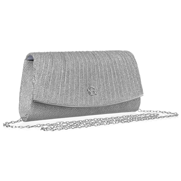 Brokatowa kopertówka damska w srebrnym kolorze zawieszona na łańcuszku - Rovicky