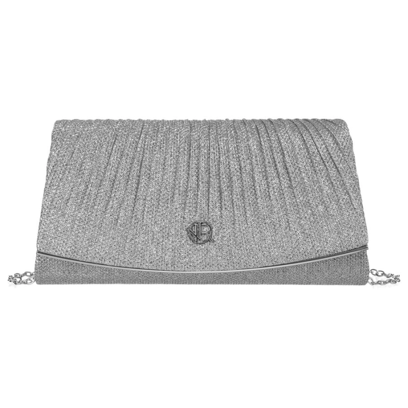 Brokatowa kopertówka damska w srebrnym kolorze zawieszona na łańcuszku - Rovicky