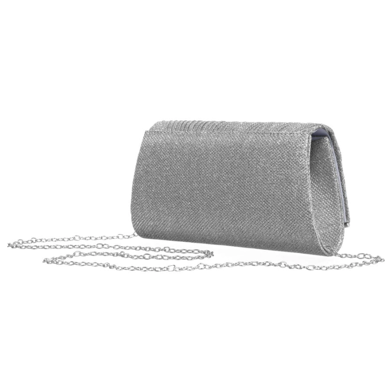 Brokatowa kopertówka damska w srebrnym kolorze zawieszona na łańcuszku - Rovicky