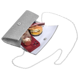 Brokatowa kopertówka damska w srebrnym kolorze zawieszona na łańcuszku - Rovicky