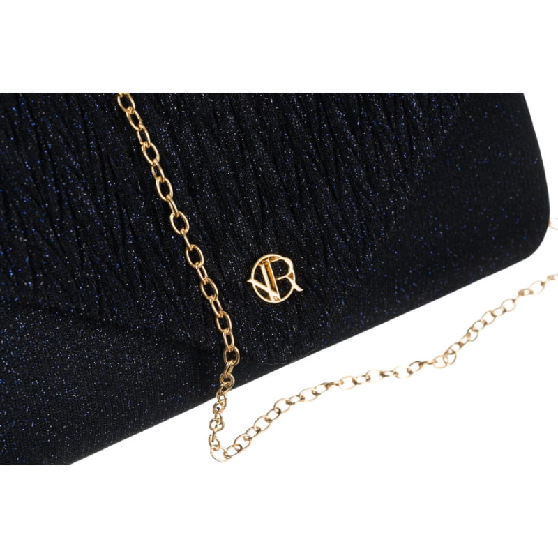 Brokatowa kopertówka damska w granatowym kolorze zawieszona na łańcuszku - Rovicky