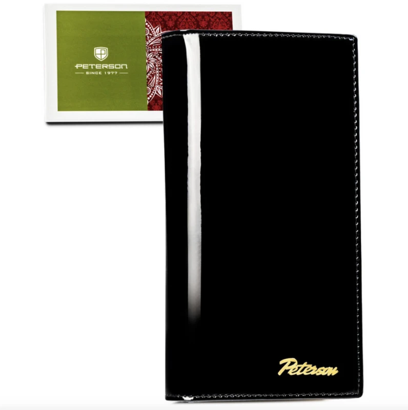 Duży, skórzany, pionowy portfel damski w czarnym kolorze zamykany na magnes - Peterson