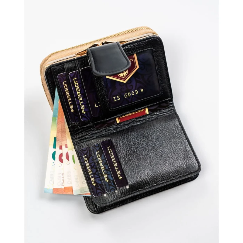 Czarno-złoty, skórzany portfel damski z systemem RFID - Peterson