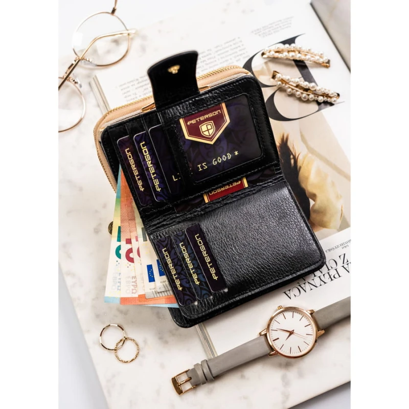 Czarno-złoty, skórzany portfel damski z systemem RFID - Peterson
