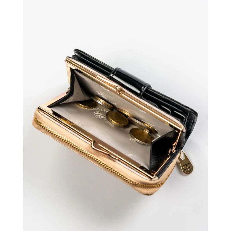 Czarno-złoty, skórzany portfel damski z systemem RFID - Peterson