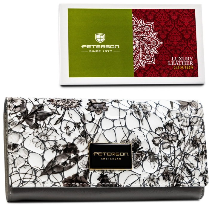 Poziomy portfel damski ze skóry naturalnej w kwiatowy, kolorowy wzór, zamykany na zatrzask - Peterson