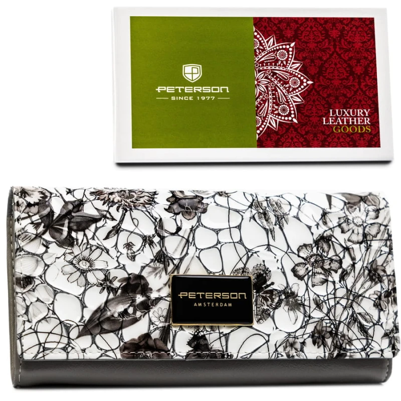 Poziomy portfel damski ze skóry naturalnej w kwiatowy, kolorowy wzór, zamykany na zatrzask - Peterson