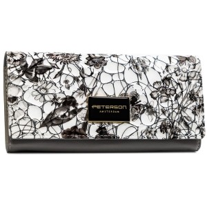 Poziomy portfel damski ze skóry naturalnej w kwiatowy, kolorowy wzór, zamykany na zatrzask - Peterson
