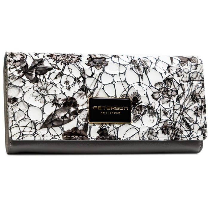 Poziomy portfel damski ze skóry naturalnej w kwiatowy, kolorowy wzór, zamykany na zatrzask - Peterson