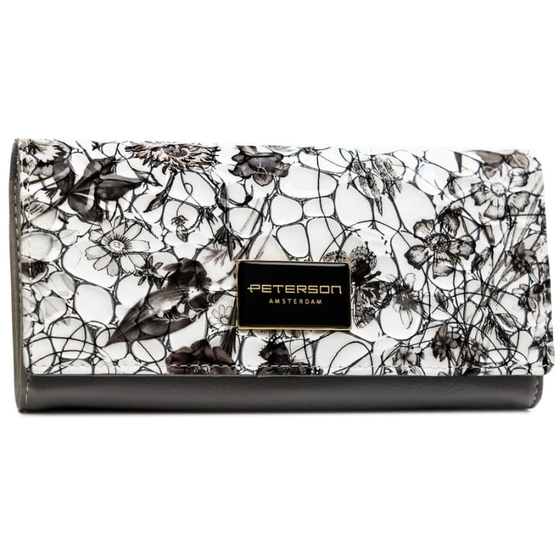 Poziomy portfel damski ze skóry naturalnej w kwiatowy, kolorowy wzór, zamykany na zatrzask - Peterson