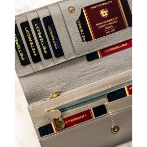 Poziomy portfel damski ze skóry naturalnej w kwiatowy, kolorowy wzór, zamykany na zatrzask - Peterson