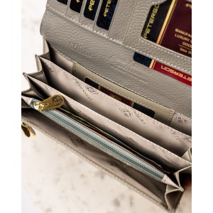 Poziomy portfel damski ze skóry naturalnej w kwiatowy, kolorowy wzór, zamykany na zatrzask - Peterson