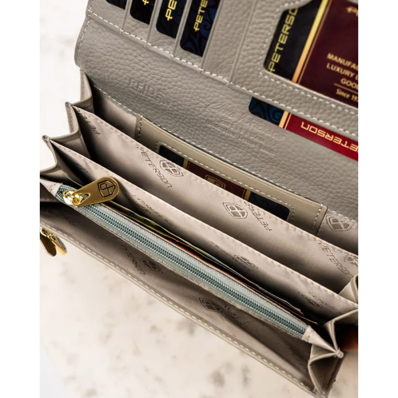 Poziomy portfel damski ze skóry naturalnej w kwiatowy, kolorowy wzór, zamykany na zatrzask - Peterson