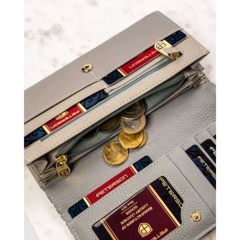 Poziomy portfel damski ze skóry naturalnej w kwiatowy, kolorowy wzór, zamykany na zatrzask - Peterson