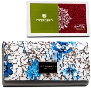 Portfel damski ze skóry naturalnej w kwiatowy wzór wyposażony w system RFID - Peterson