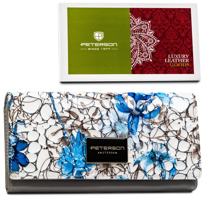 Portfel damski ze skóry naturalnej w kwiatowy wzór wyposażony w system RFID - Peterson