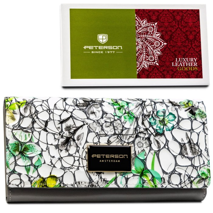 Poziomy portfel damski ze skóry naturalnej w kwiatowy wzór zamykany zatrzaskiem - Peterson