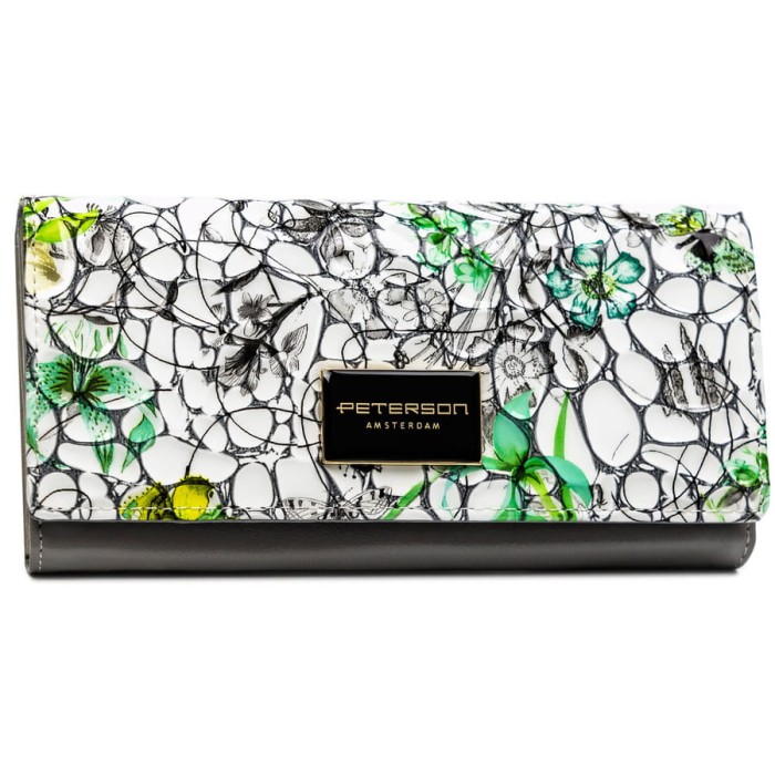 Poziomy portfel damski ze skóry naturalnej w kwiatowy wzór zamykany zatrzaskiem - Peterson