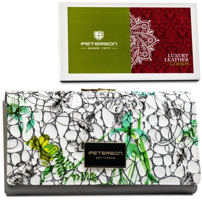 Wielokolorowy, poziomy portfel damski ze skóry naturalnej w kwiatowy wzór - Peterson