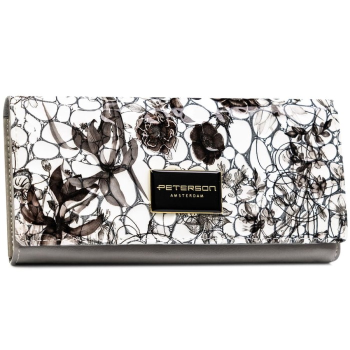 Duży, poziomy portfel damski na zatrzask, wykonany z lakierowanej skóry naturalnej w kwiatowy wzór - Peterson
